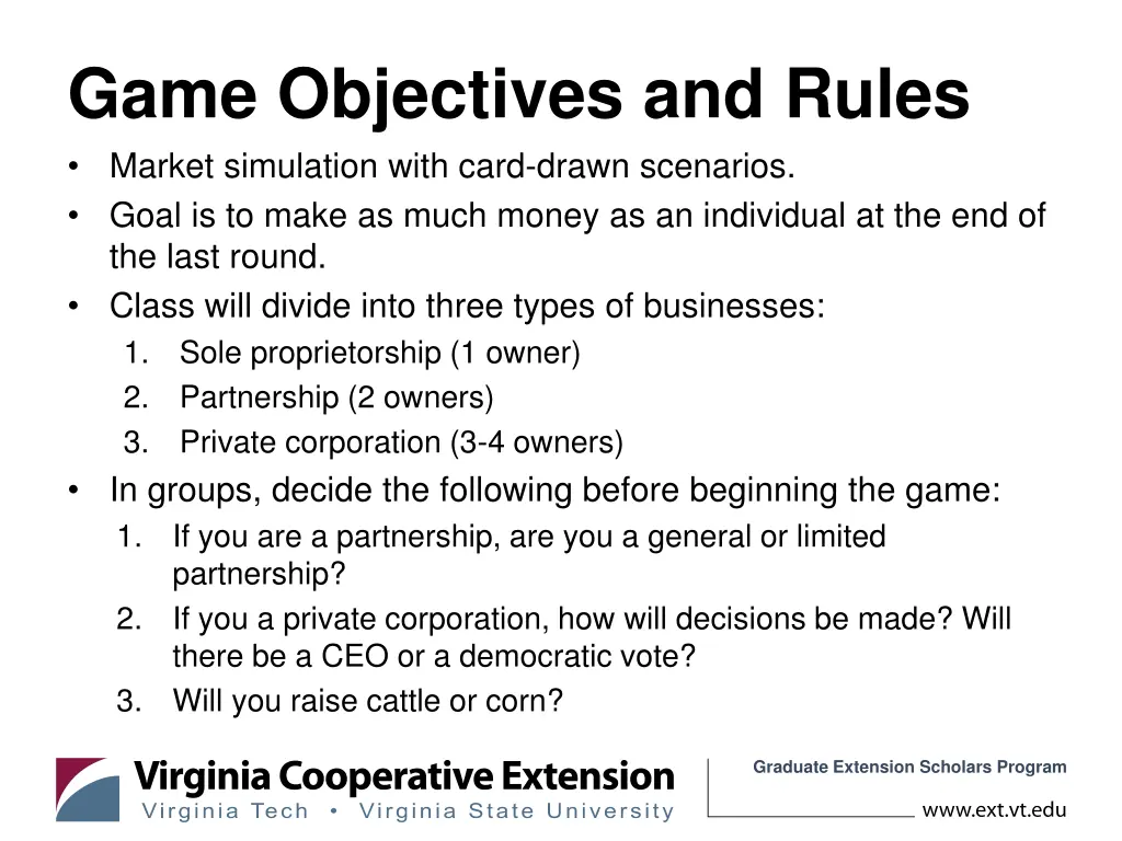 game objectives and rules market simulation with