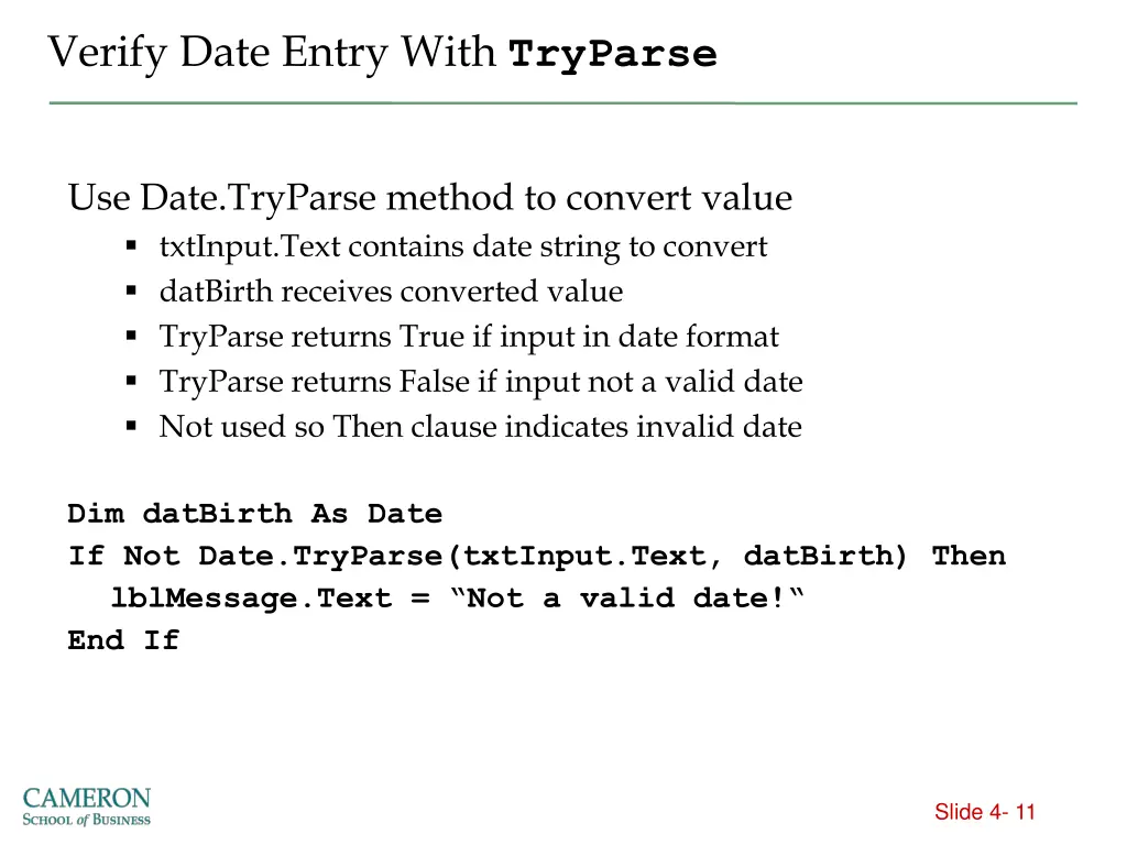 verify date entry with tryparse