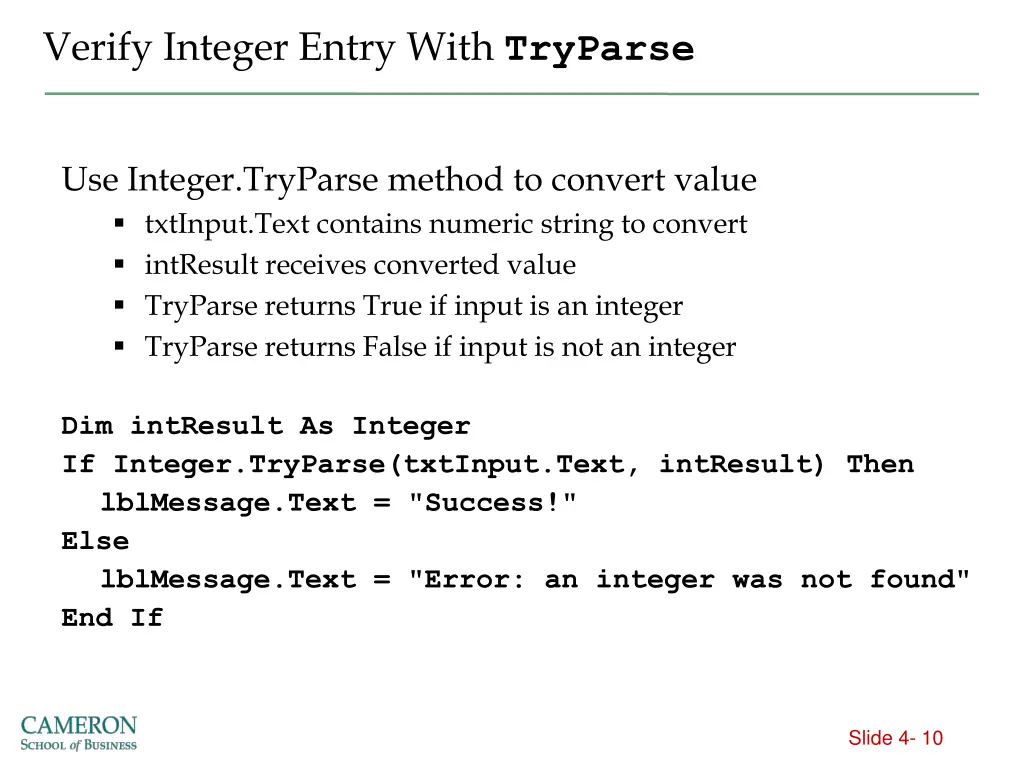 verify integer entry with tryparse