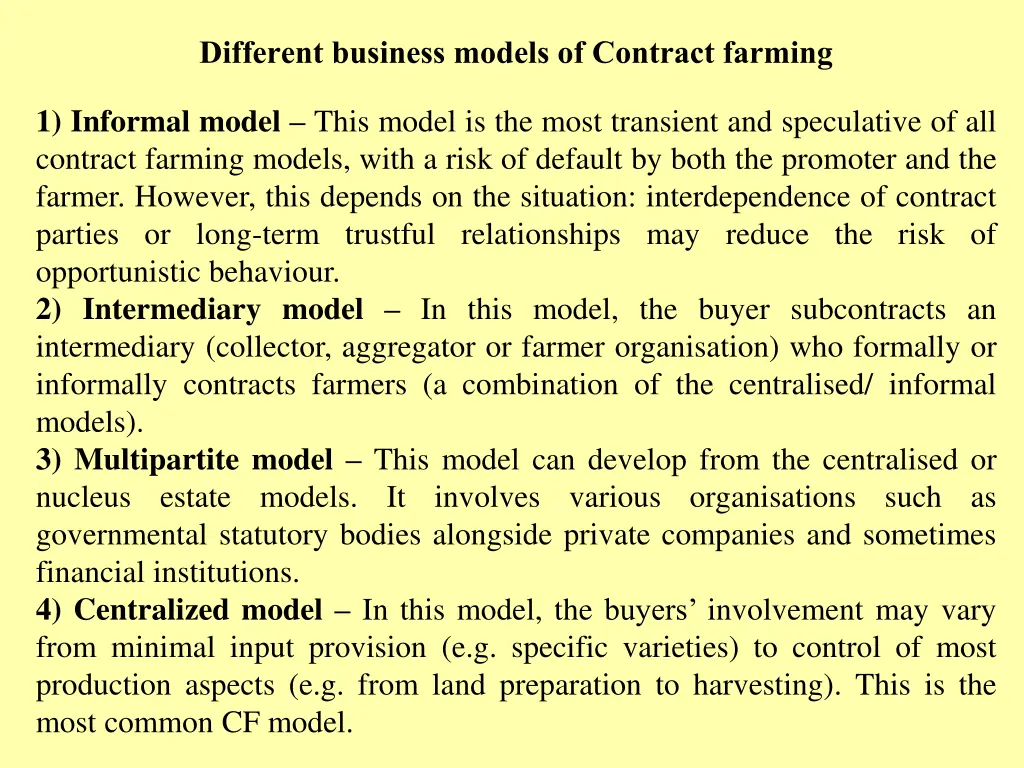 different business models of contract farming