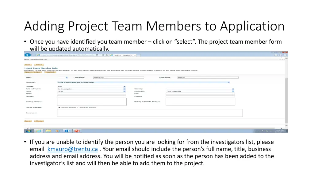 adding project team members to application 2