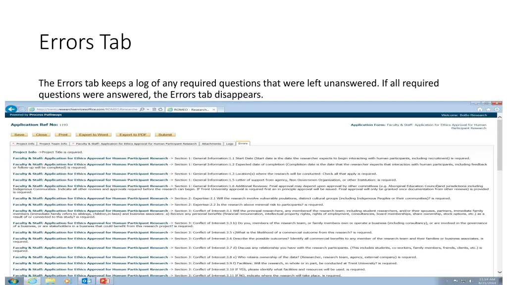 errors tab