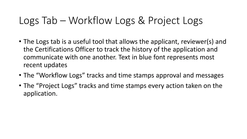 logs tab workflow logs project logs