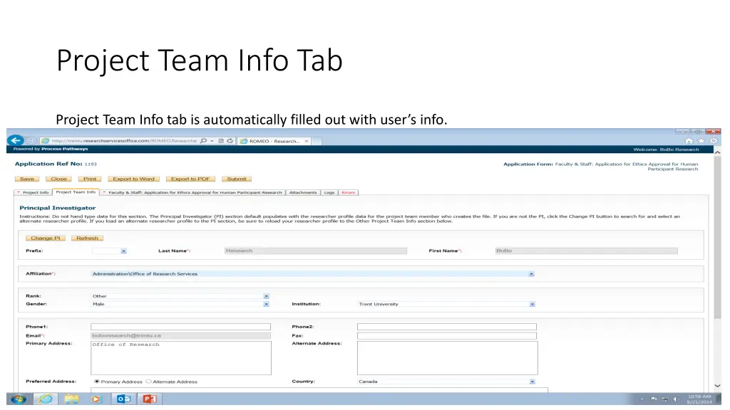 project team info tab