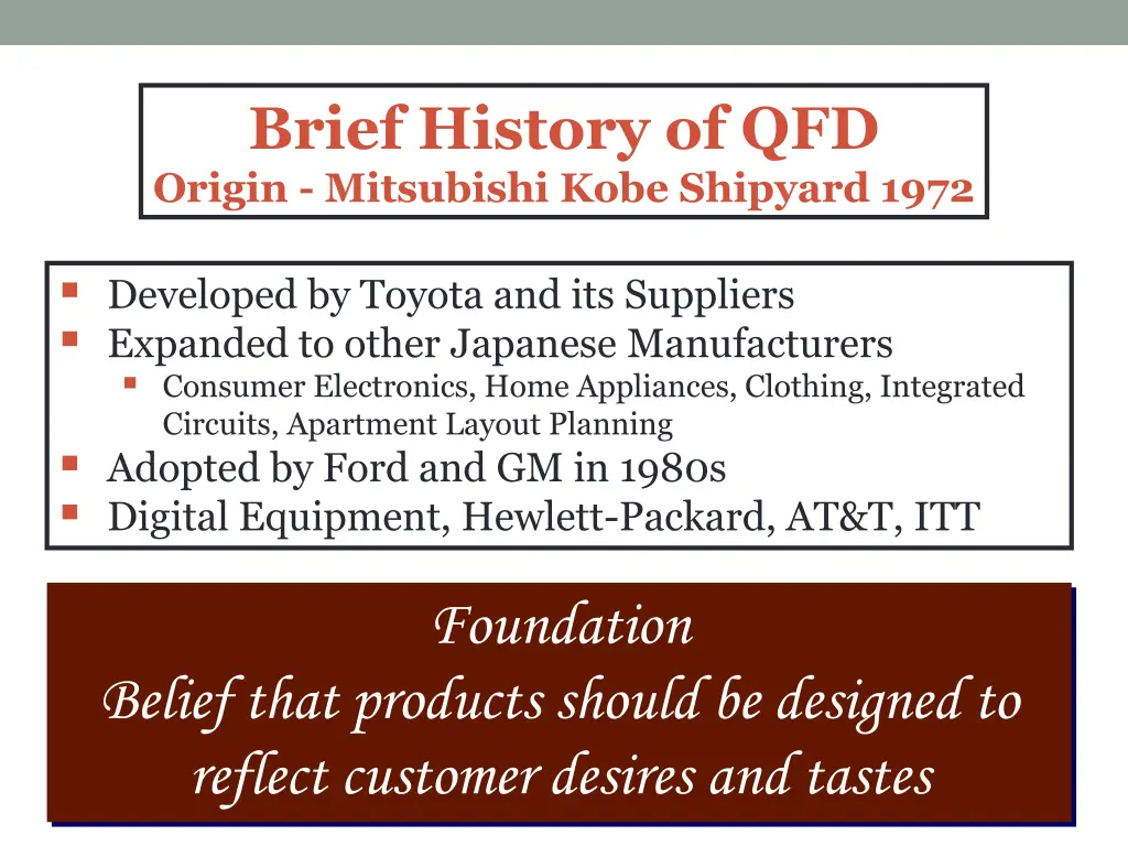 brief history of qfd origin mitsubishi kobe