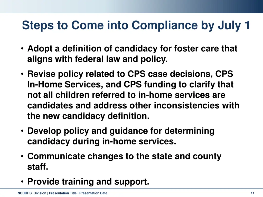 steps to come into compliance by july 1
