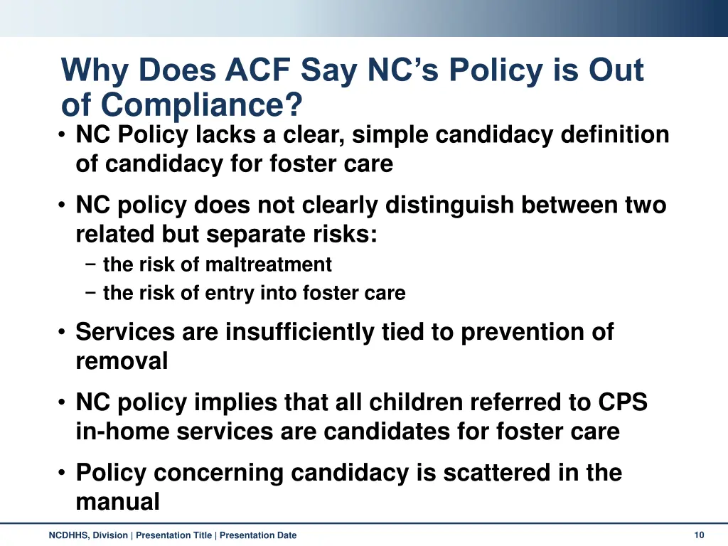 why does acf say nc s policy is out of compliance