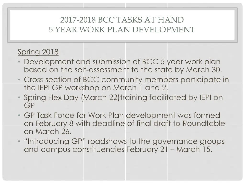 2017 2018 bcc tasks at hand 5 year work plan