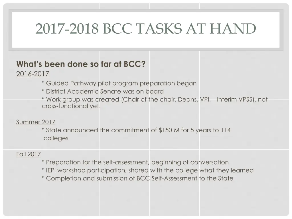 2017 2018 bcc tasks at hand