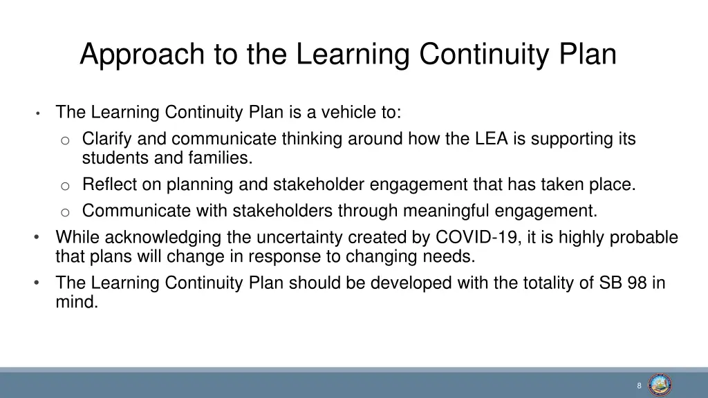 approach to the learning continuity plan