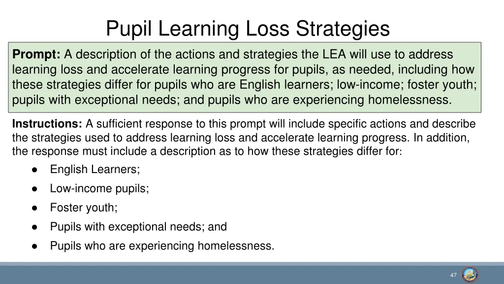 pupil learning loss strategies prompt