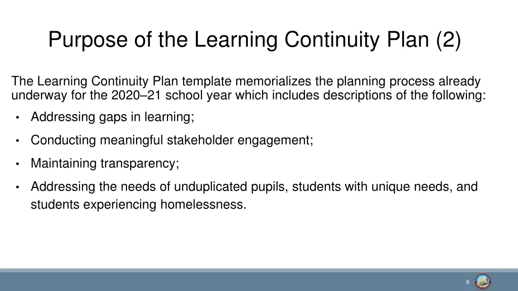 purpose of the learning continuity plan 2