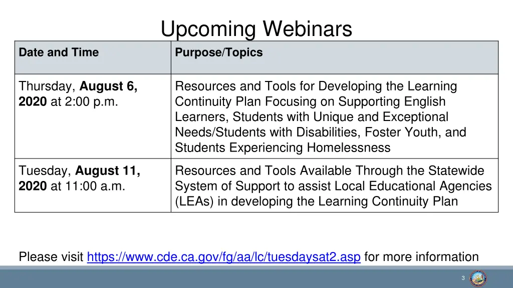 upcoming webinars purpose topics