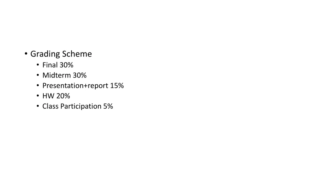 grading scheme final 30 midterm 30 presentation