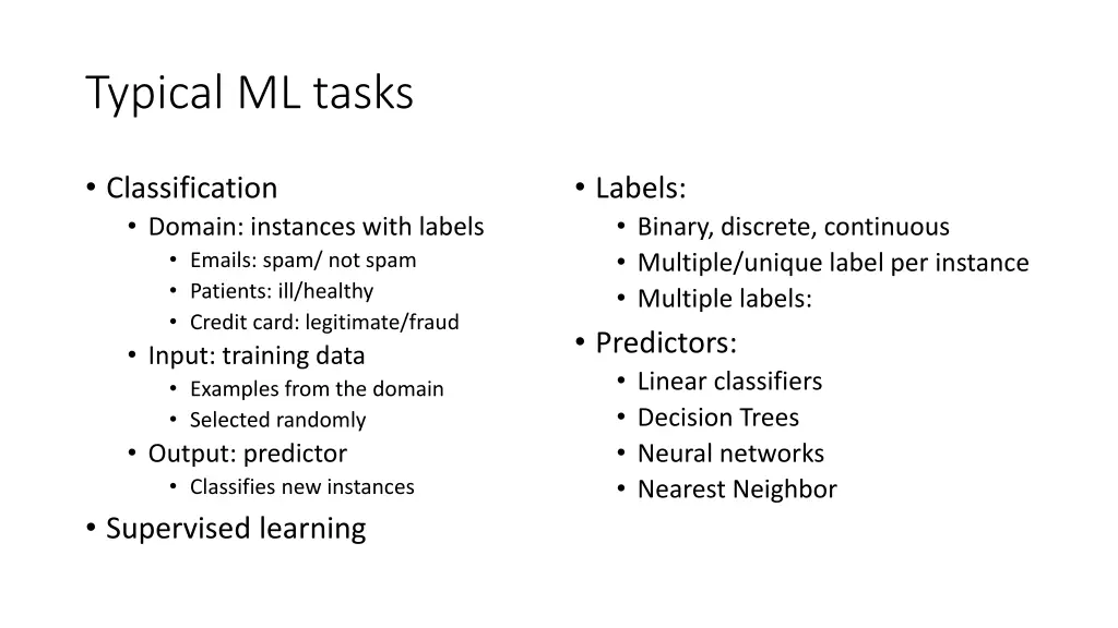 typical ml tasks