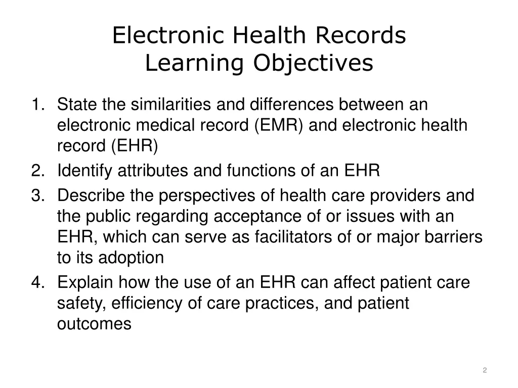 electronic health records learning objectives