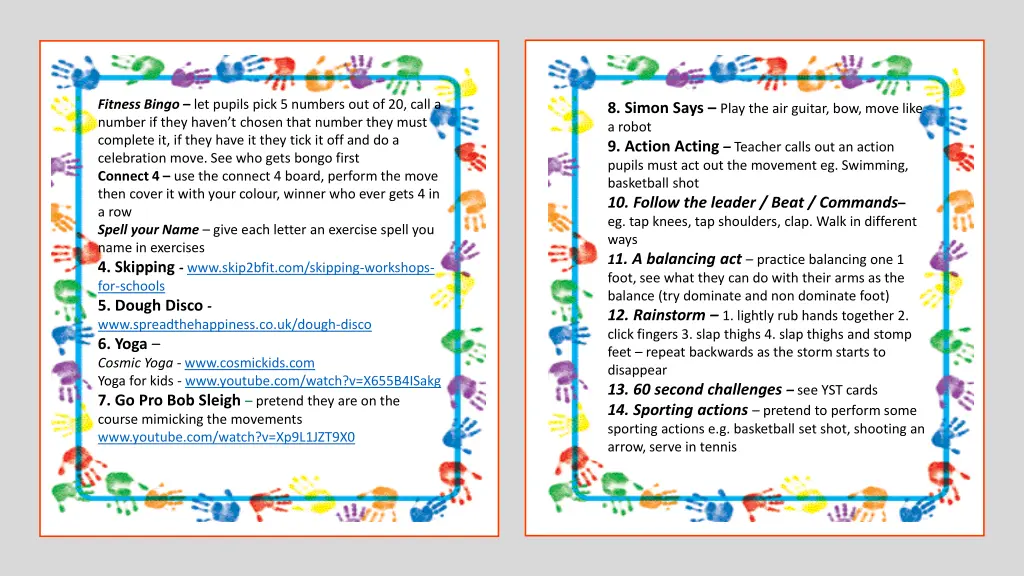 fitness bingo let pupils pick 5 numbers
