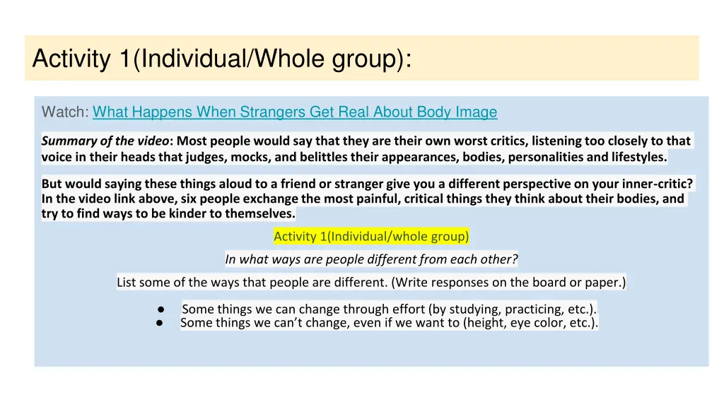 activity 1 individual whole group