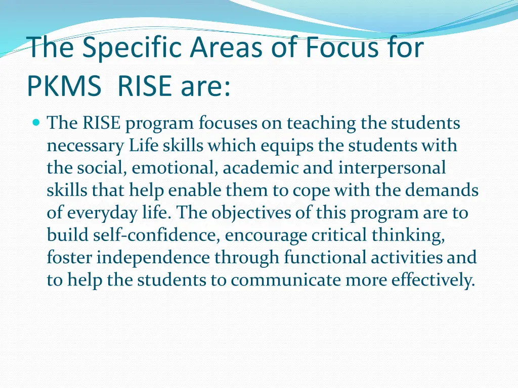 the specific areas of focus for pkms rise are