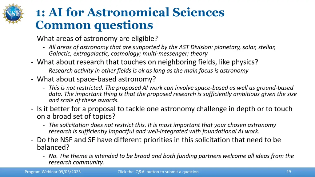 1 ai for astronomical sciences common questions