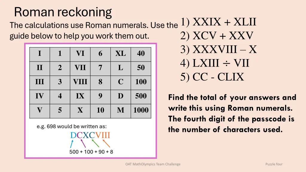roman reckoning the calculations use roman