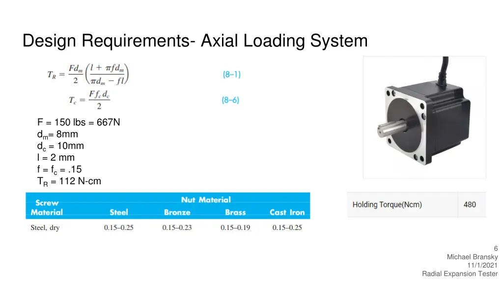 design requirements axial loading system