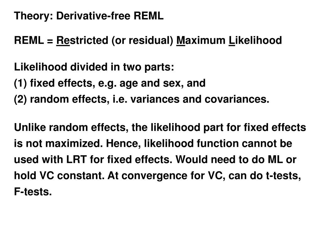 theory derivative free reml
