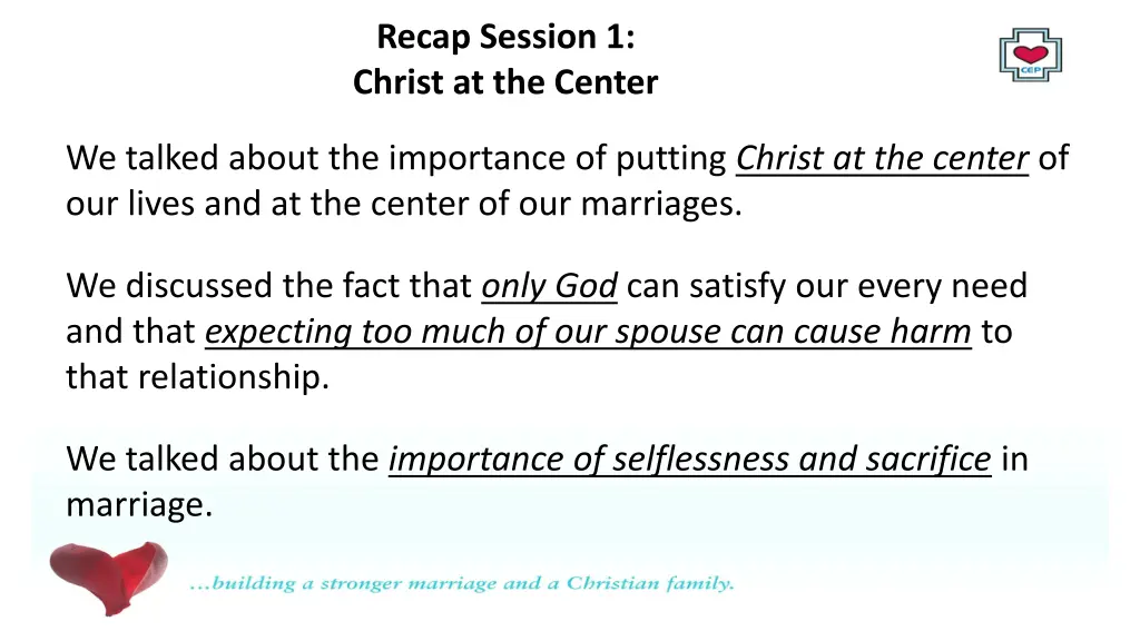 recap session 1 christ at the center