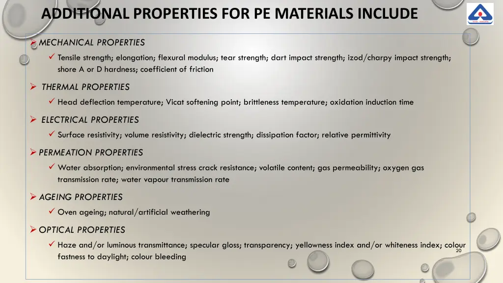 additional properties for pe materials include