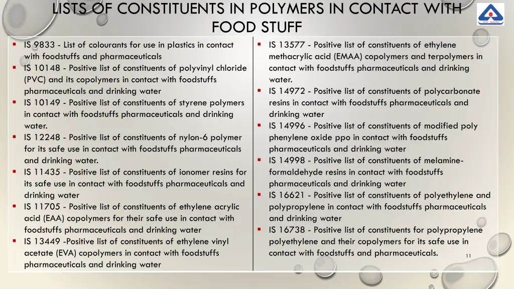 lists of constituents in polymers in contact with