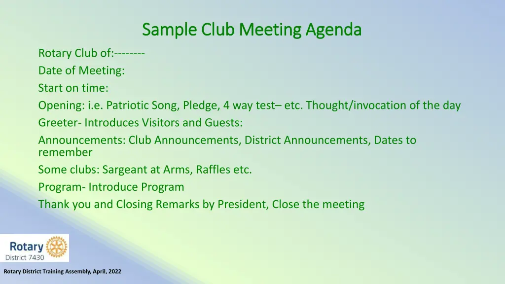 sample club meeting agenda sample club meeting