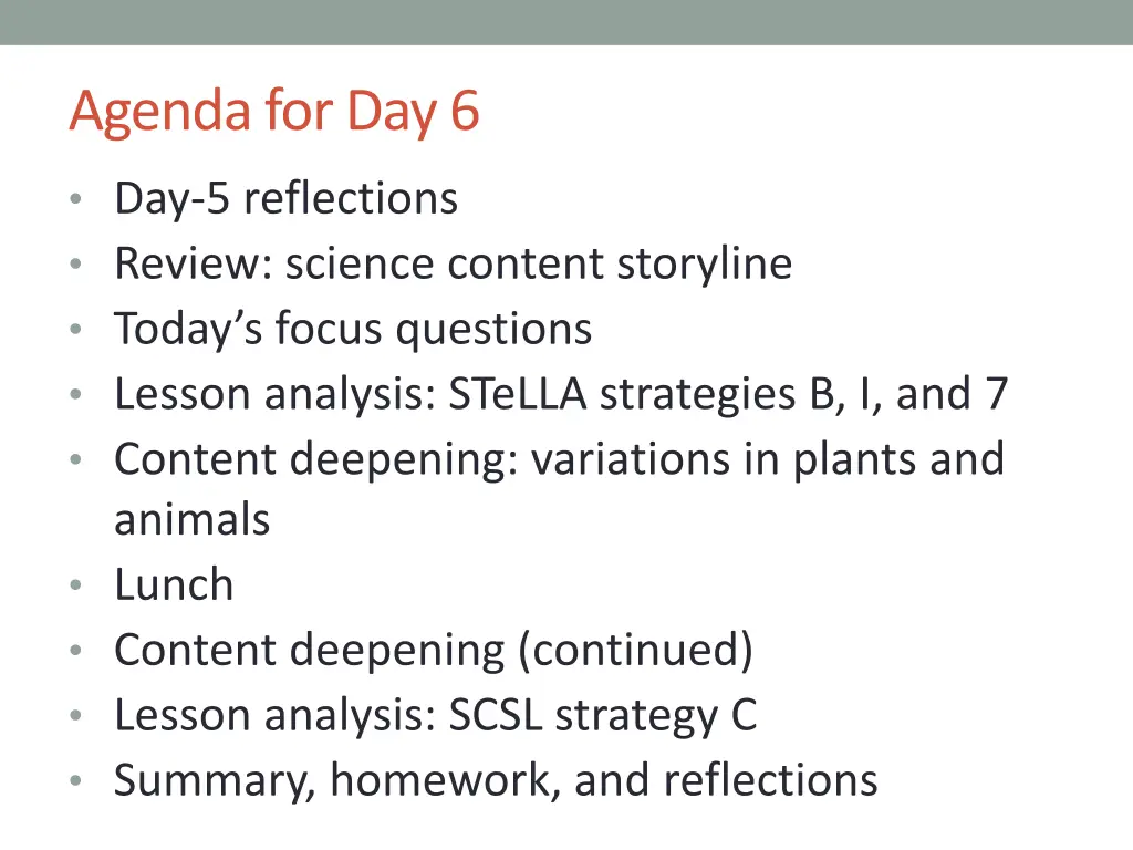 agenda for day 6