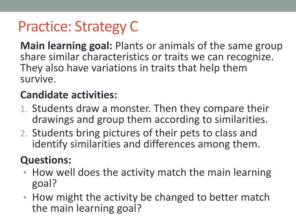 practice strategy c main learning goal plants