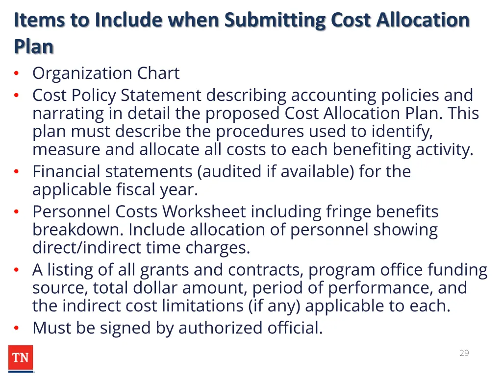 items to include when submitting cost allocation