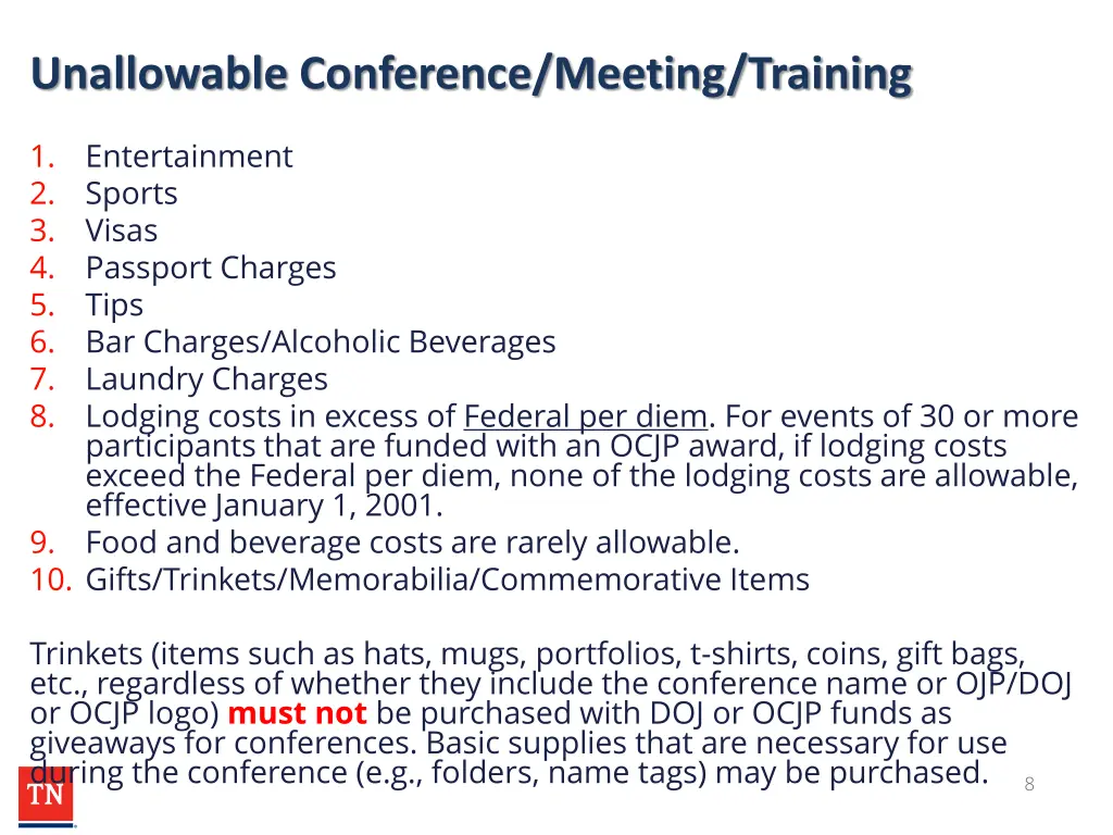 unallowable conference meeting training
