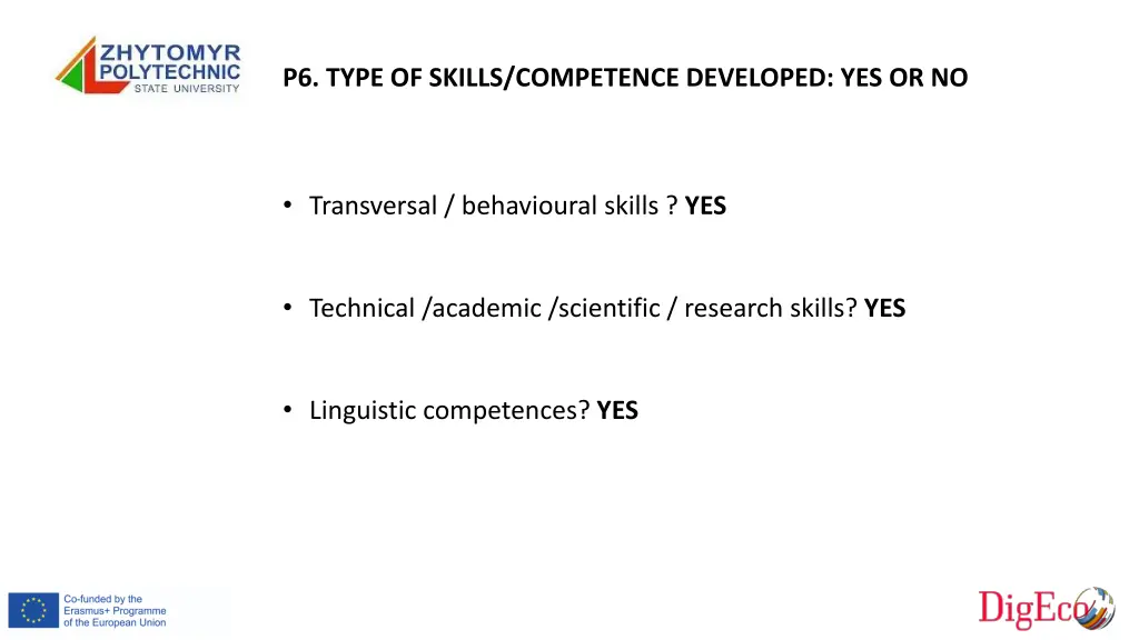p6 type of skills competence developed yes or no