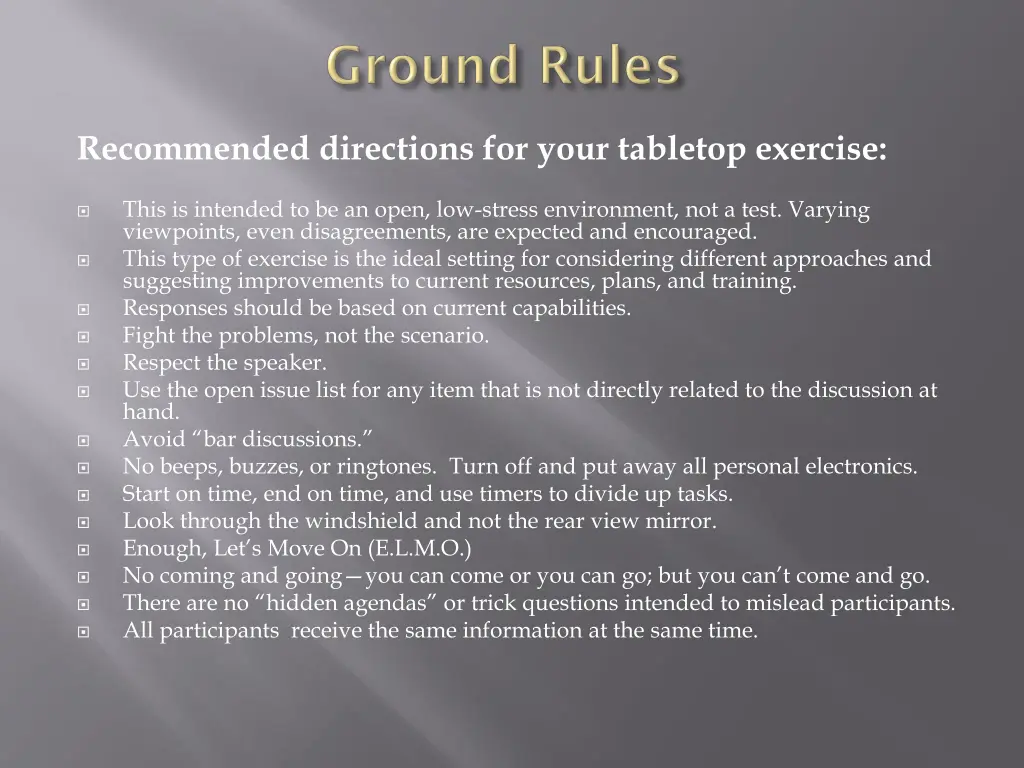 recommended directions for your tabletop exercise
