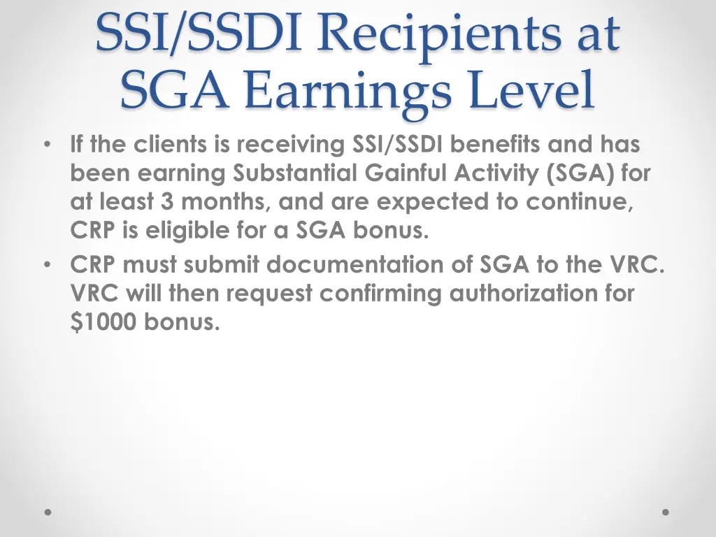 ssi ssdi recipients at sga earnings level