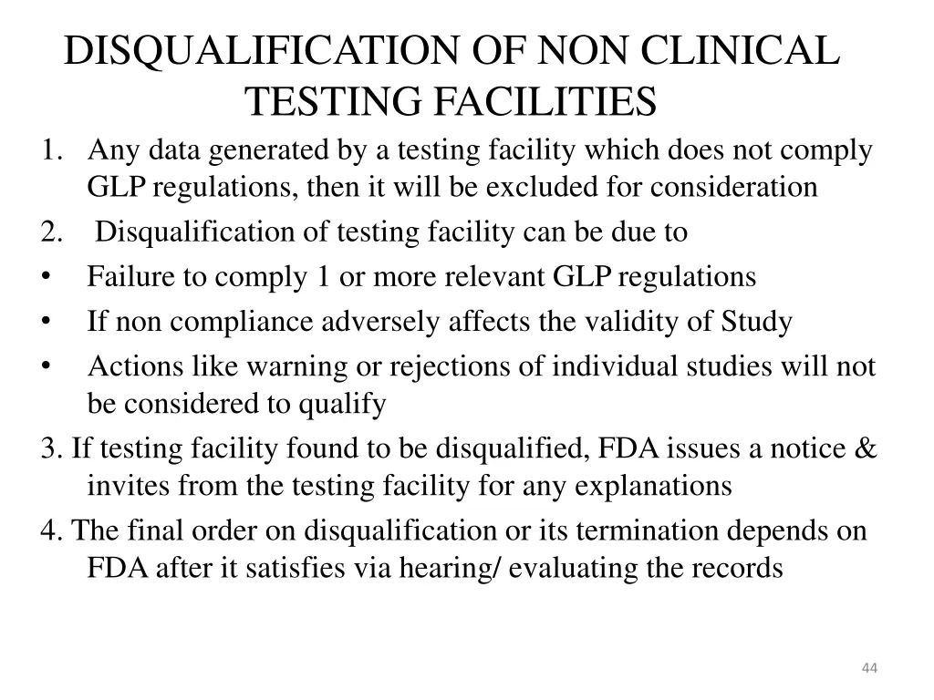 disqualification of non clinical testing