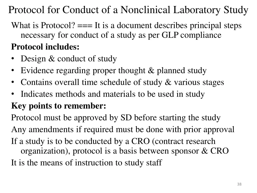protocol for conduct of a nonclinical laboratory