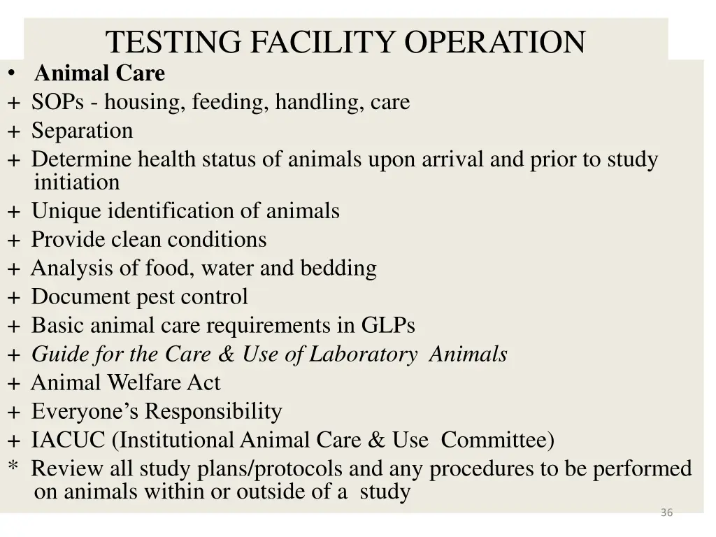testing facility operation animal care sops
