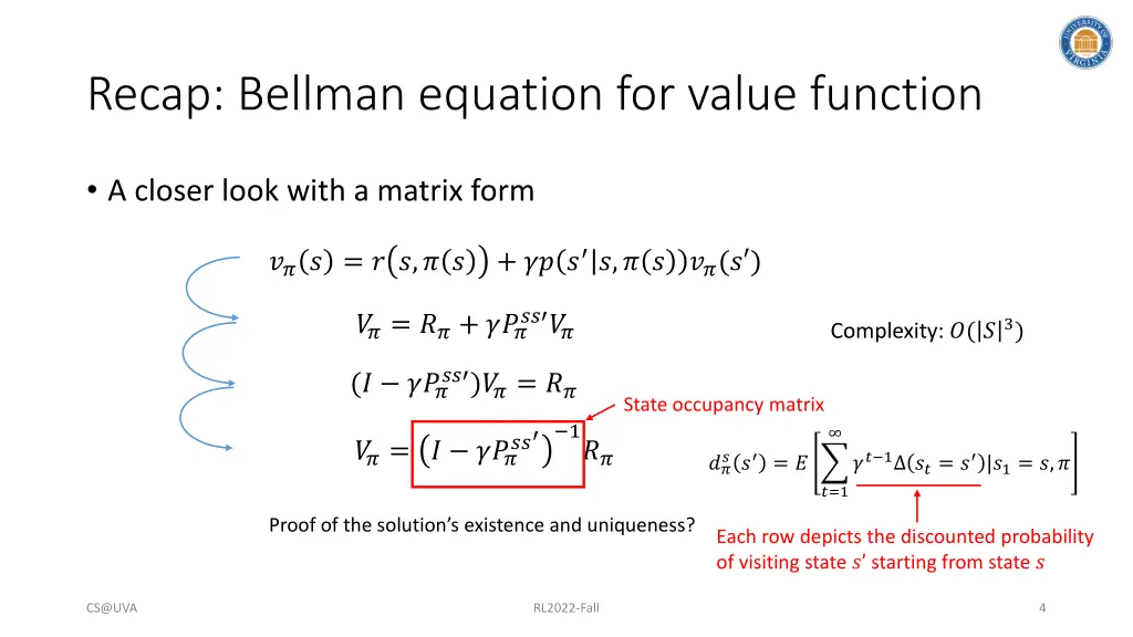 recap bellman equation for value function