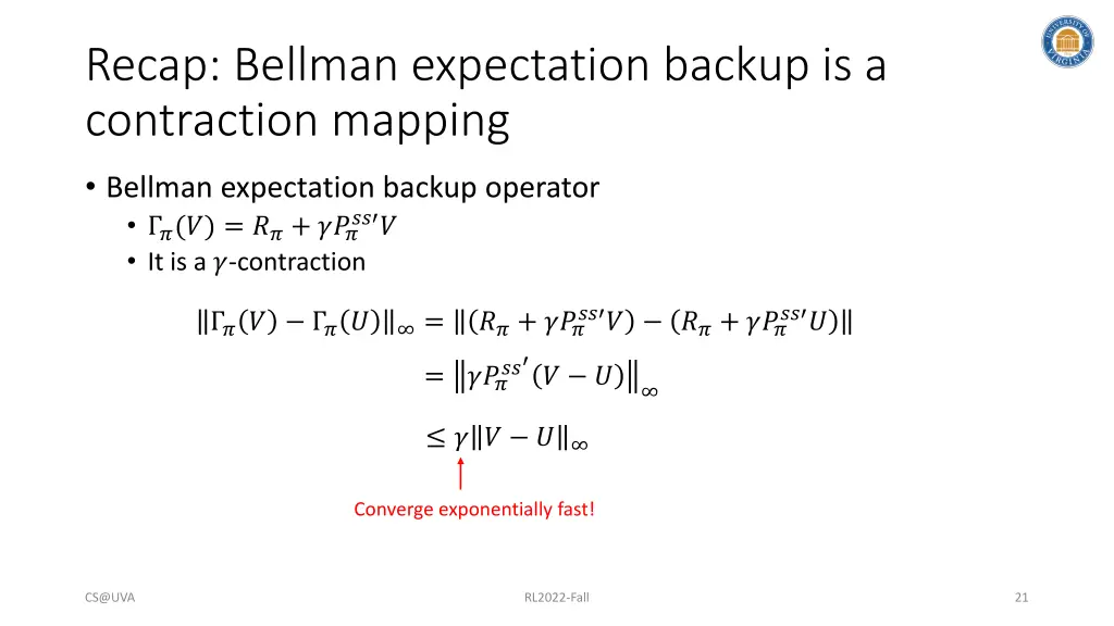 recap bellman expectation backup is a contraction