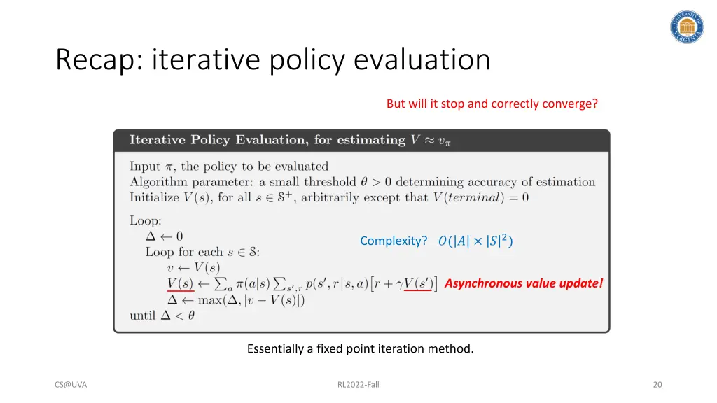 recap iterative policy evaluation