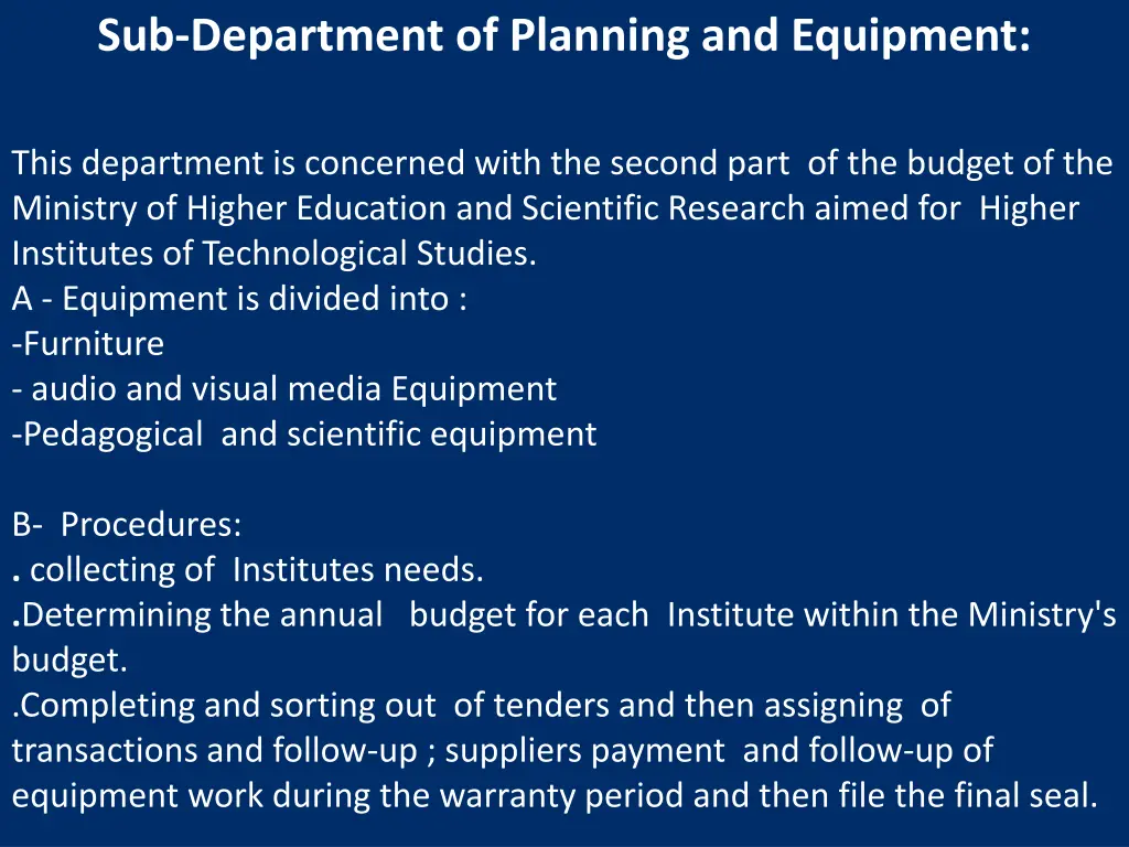 sub department of planning and equipment