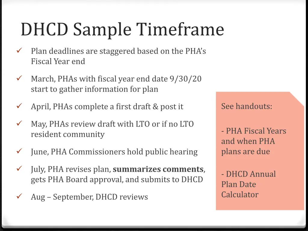 dhcd sample timeframe