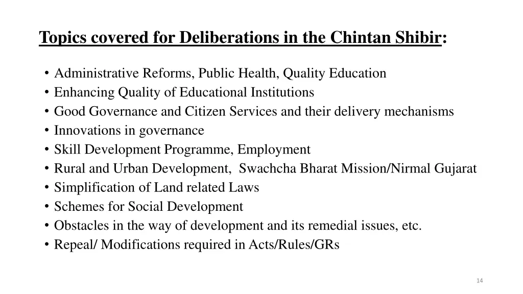 topics covered for deliberations in the chintan