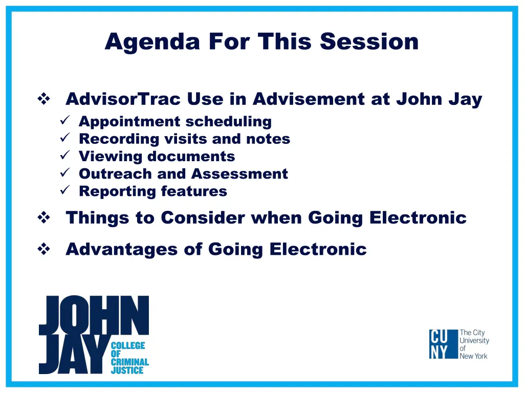 agenda for this session