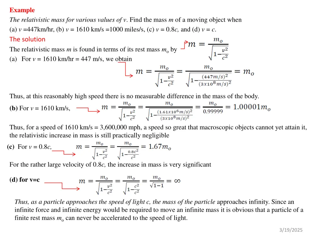 example the relativistic mass for various values