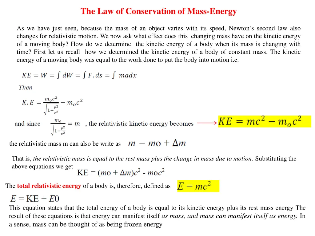 the law of conservation of mass energy